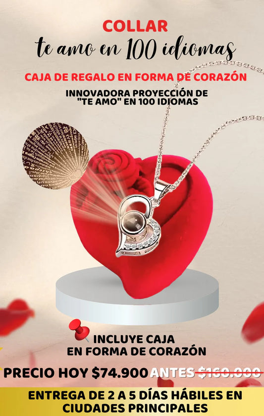 Collar con Proyección Te Amo 100 Idiomas + Caja de Regalo en Forma de Corazón